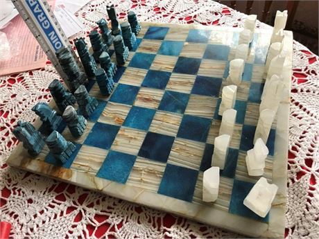Blue & White Carved Stone Chess Set