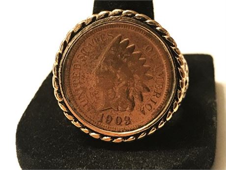 Stamped 18K GE 1903 Indian Head Penny Size 10 Ring