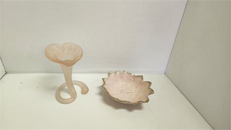 2 Vintage Pink Glass Vase & Bowl In Good Condition