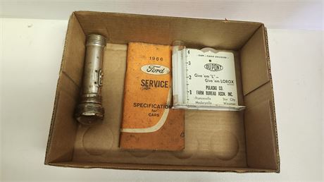 Du Pont Rain Gauge Recorder & Victor Bubble Glass Flashlight & 1966 Ford Book