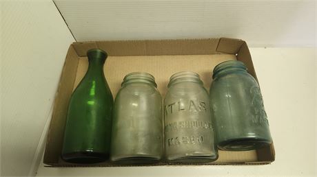 Vintage Canning Jars. 2 Atlas Jars & One Blue Ball Jar & One Unmarked Jar