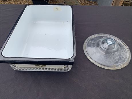 Vintage Frigidaire Enamel Refrigerator Drawer And Vintage Fire King Glass Lid