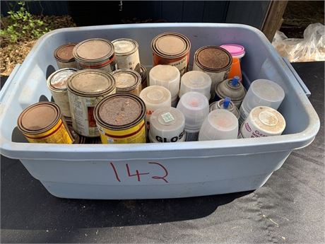 Boxed Lot Of Wood Stain And Spray Coating Cans Includes Storage Tub