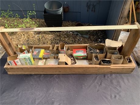 Vintage Large Wooden Handmade Carpenters Box Filled With Hardware