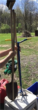 Yard Tools Lot Including A Spade Shovel Push Broom And Hoe Garden Claw