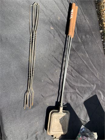 Camping Cookware Lot Pie Maker And Hot Dog Or Marshmallow Forks