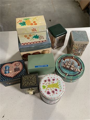 Lot Of Decorative Metal Storage Tins And Recipe Boxes