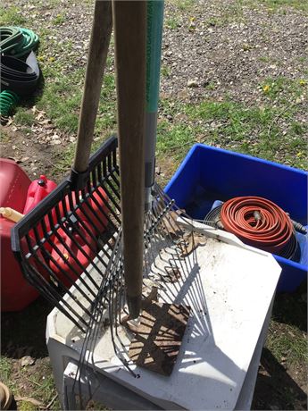 Lot Of Yard Tools Including Garden Hoes And More