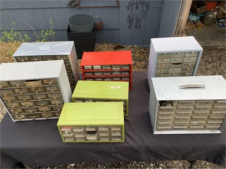 Lot Of 7 Storage Caddies Or Parts Organizer Full Of Hardware