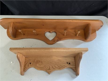 Lot Of 2 Home Decor Light Wood Wall Or Display Shelf Heart Cutouts Hanging Hooks