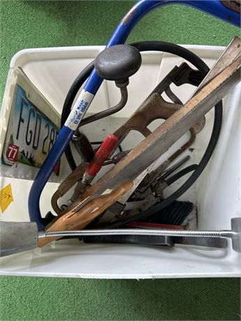 box of saws and miscellaneous hardware