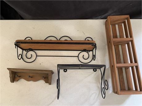 Lot Of 3 Metal And Wood Display Wall Shelves And A Wood Crate Storage Box