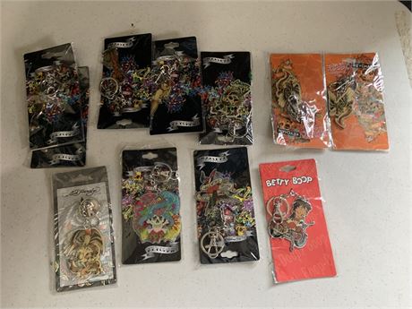 Collectible Ed Hardy Keychain Lot Betty Boop Skulls Pinup Nurse Creatures NEW