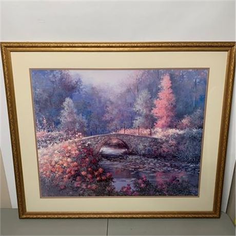 Framed Art Print by Tan Chun Stone Bridge In The Forest Spring Time Blossoms