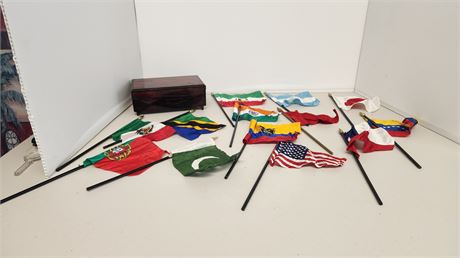 Lot Of small flags & Vintage Jewelry Box
