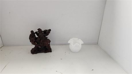 Unmarked Hobnail Milk Glass & Wood Carved Statue