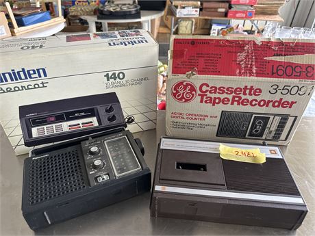A lot of vintage cassette players radio, and scanner