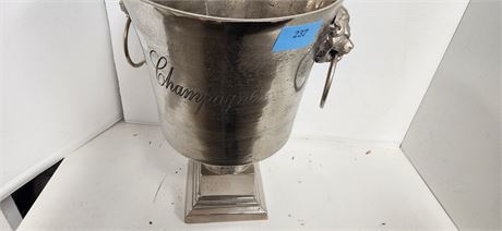Unique Large Heavy Metal Pedestal Champagne Ice Bucket. With Lion Head Handles
