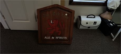 Dart Board In Wood Cabinet & darts