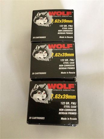 3 Boxes 7.62 x  39mm Ammo 60 rounds