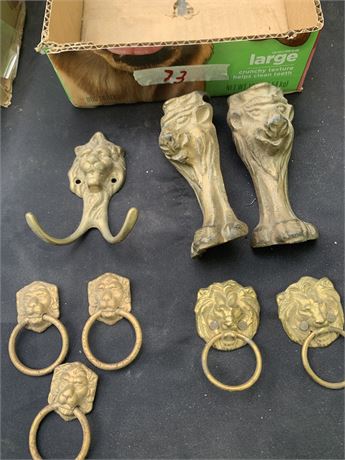 Vintage Brass Lion Hardware Lot With Allison Drawer Pulls Coat Hook Stool Legs