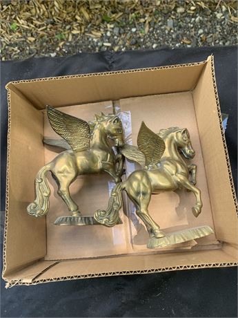 Vintage Brass Mythological Pegasus Winged Horse Statuary Set of 2