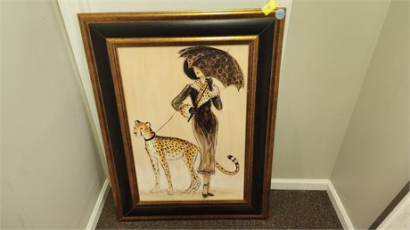 Large  Cheetah & Lady Framed Painting