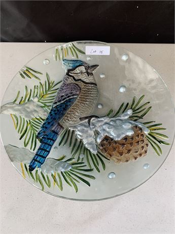 Stained Glass Blue Jay Bird Sitting On A Pine Branch Pinecone Bird Bath Bowl