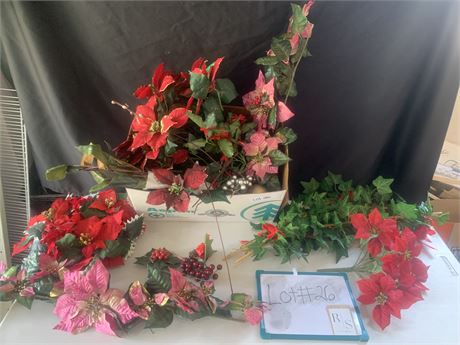 Christmas Floral Crafting Lot Pink And Poinsettias Greenery Grapes Holly