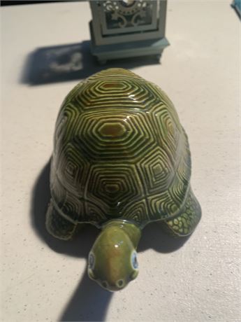 Green Turtle Ceramic Figurine And Blue Metal Tea Light Hanging Lantern Lot Of 2