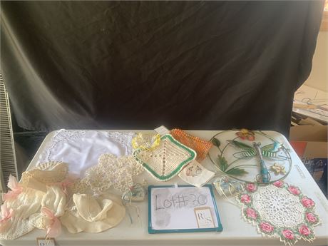 Crocheted Doilies Ceramic Hearts Baby Bonnet Metal Dragonfly Hanging