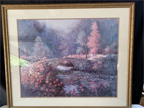 Framed Art Print by Tan Chun Stone Bridge In The Forest Spring Time Blossoms