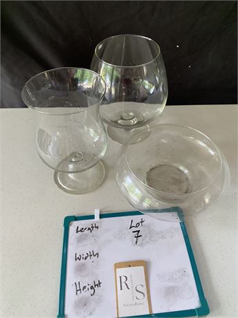 Clear Glass Lot Brandy Snifters Or Vases And Triangular Glass Ornament