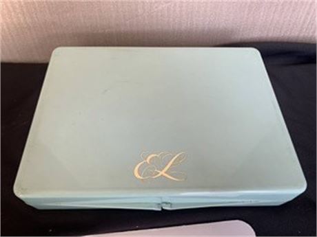 Vintage Blue-Green Plastic Jewelry Box With Gold Initials EL With Plastic Beads