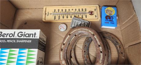 Pencil Sharpener, belt buckle, horseshoes