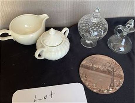 White Creamer Sugar Bowl Set Glass Candy Dish With Lid Wood Trivet Oil Cruet