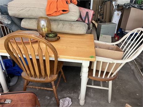 Table and 4 Chairs (2 white, 2 brown wood)