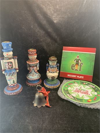 Snowman Nutcrackers Elf Movie Dessert Plates Metal Bell Ornament From 1993