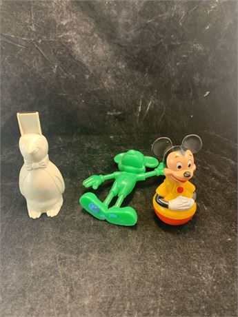 Vintage Disney MCM Toys Green Mickey Weeble Wobble Remco Peter Penguin Whistle