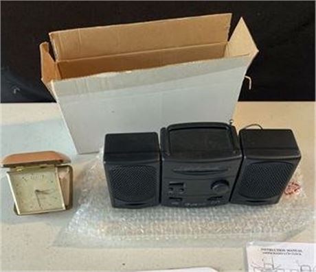 Mini Radio and Travel Clock Gold Numbers Hands In Brown Case
