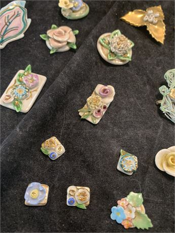 Vintage Handmade Floral Pastel Colored Ceramic Jewelry Art By Artist Elaine Frye