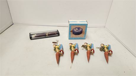 4 Katherine Ornaments & Ink Pens & Small jewelry Box