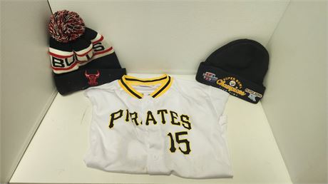 Pittsburgh Steelers Knit Hat & Bulls Knit Hat & Pirates Jersey. Size Youth Large