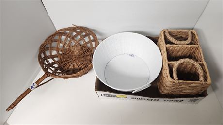 Metal Bucket & Wicker Storage Basket & Wicker Bowl