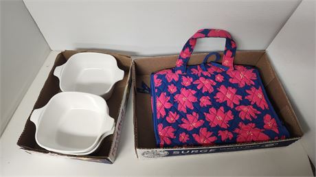 3 Small Corning Ware Baking Dishes & Vera Bradley Hanging Storage Bag