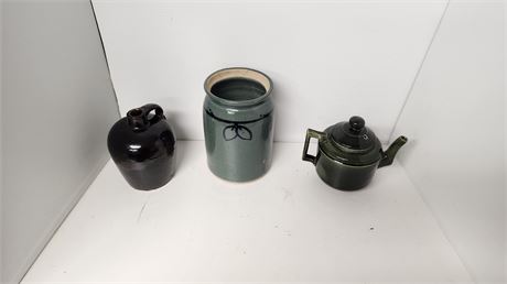 Tea Pot & Jug & Small Crock