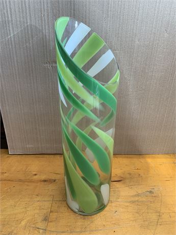 Mikas RockSwirl Green & White Colored Glass Bud Vase 18 Inches Tall Thick Walled