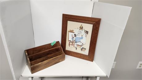Wood Display Rack & Norman Rockwell framed Picture