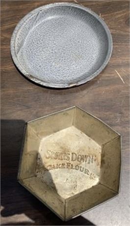 Vintage Stamped Swans Down Metal Flour Cake Pan And Enamelware Graniteware Pan