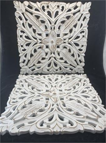 Decorative White Wash Wall Hanging Art Panel Flower Plaques Set of 2